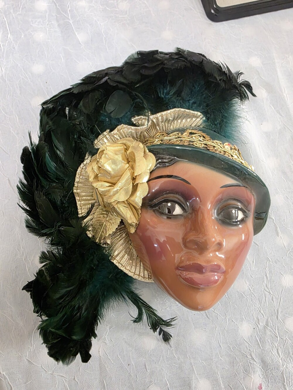 Vintage  Clay Art Ceramic Face Wall Mask with Feathers